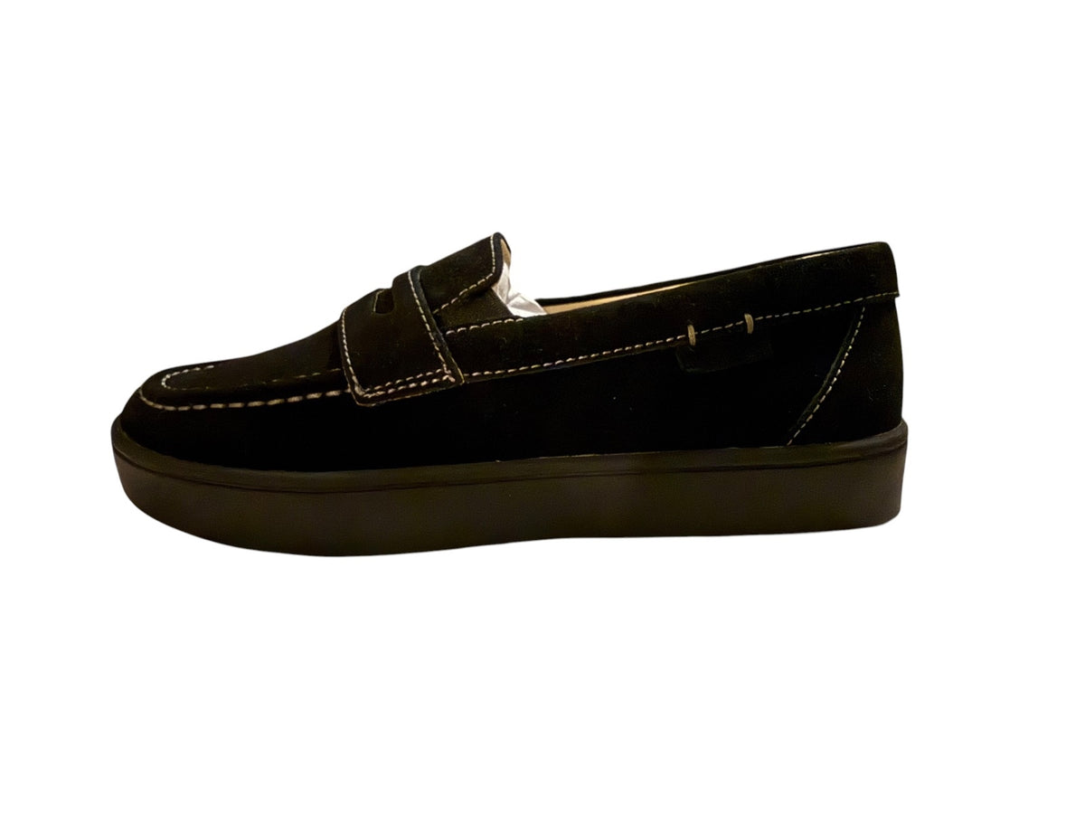Revitalign Black Suede Loafers with White Stitching