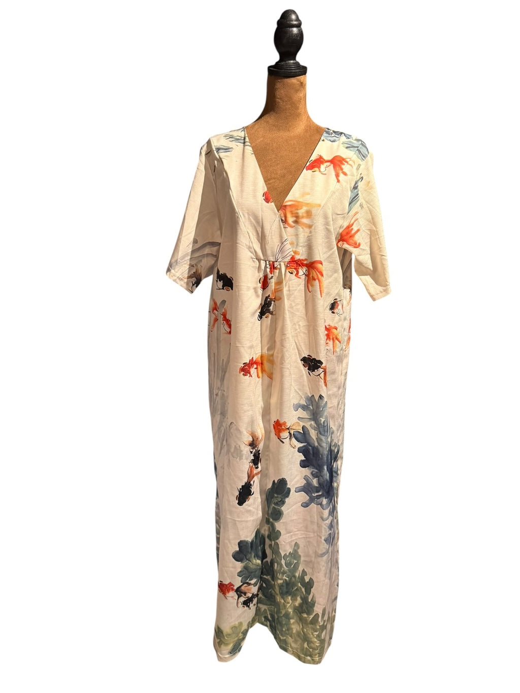 Bohemian Style V-Neck Midi Dress with Colorful Fish Print