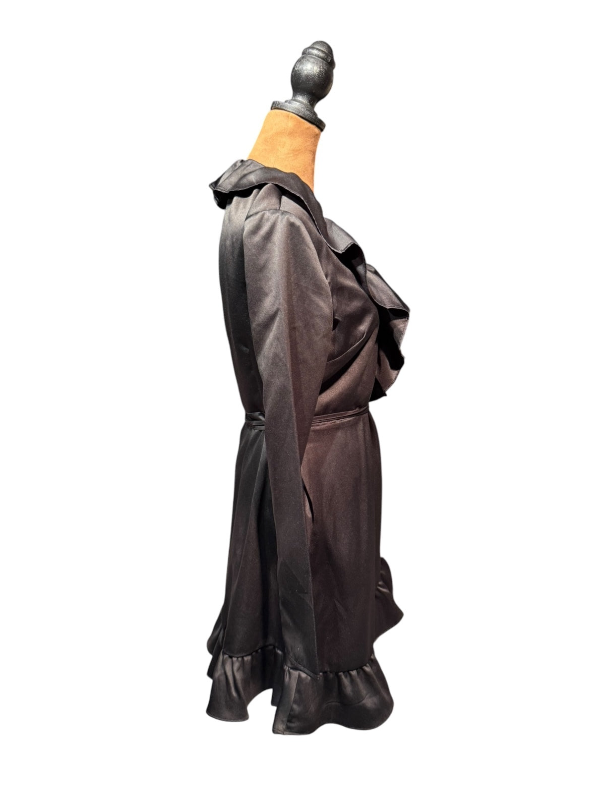 Bar III Black Satin Ruffle Wrap Dress