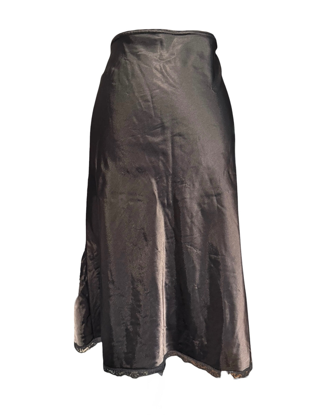 Barbizon Vintage Black Satin Slip Skirt with Lace Trim