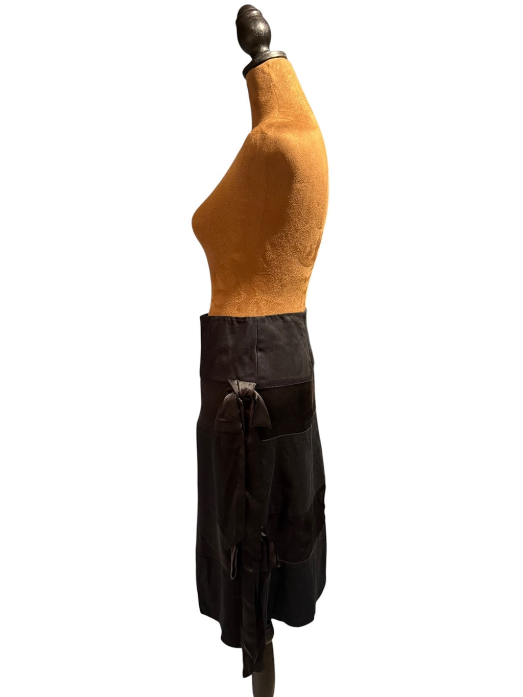 Ruth Black Alternating Cotton Silk Fabric Midi Skirt with Side Tie Detail