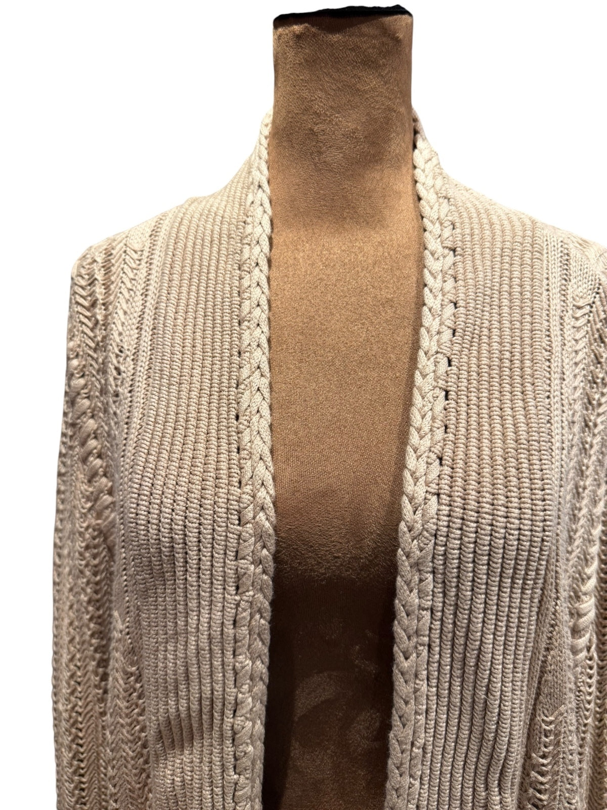 Magaschoni Beige Open Front Cable Knit Cardigan Sweater
