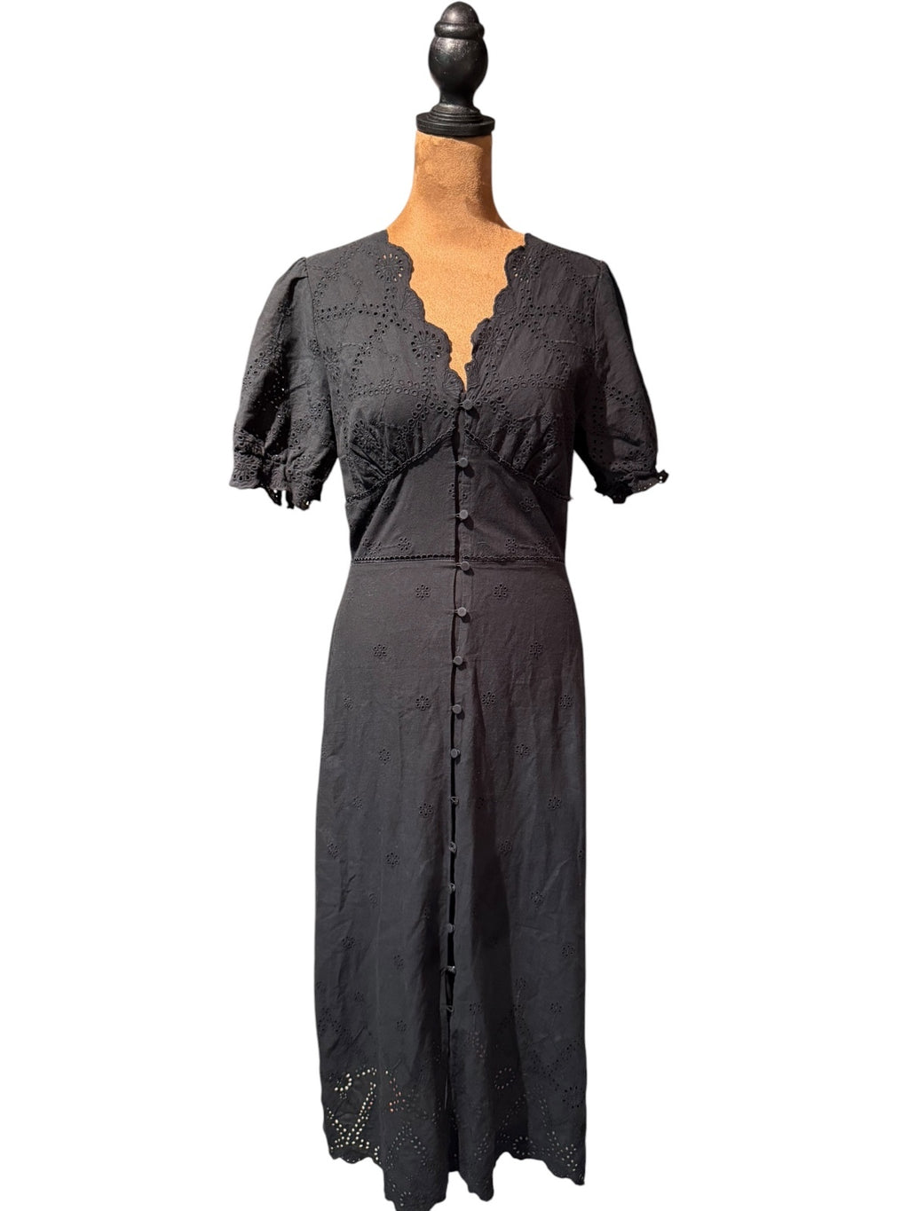 Whistles Black Cotton Button-Front Midi Dress with Eyelet Detail