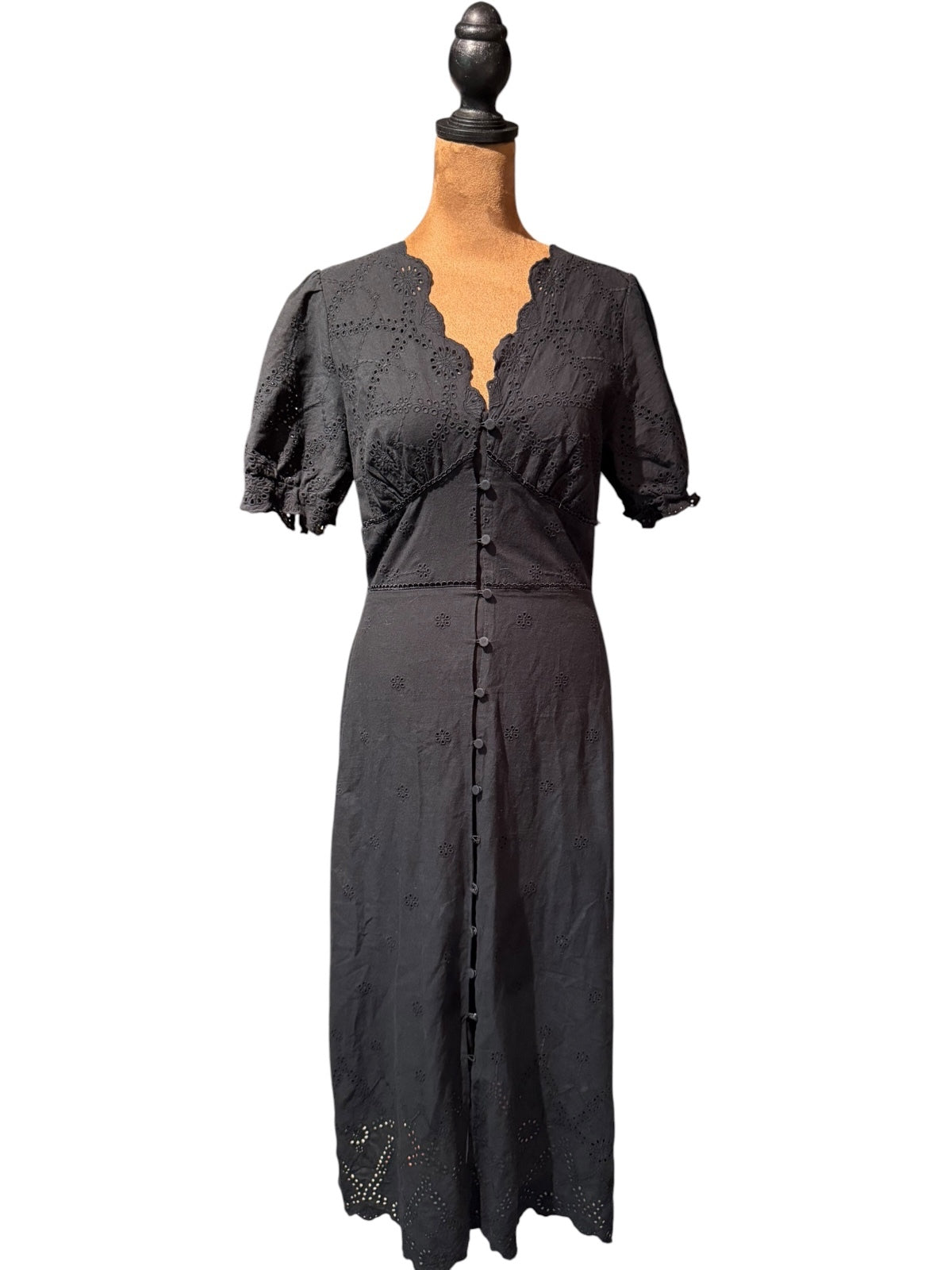 Whistles Black Cotton Button-Front Midi Dress with Eyelet Detail