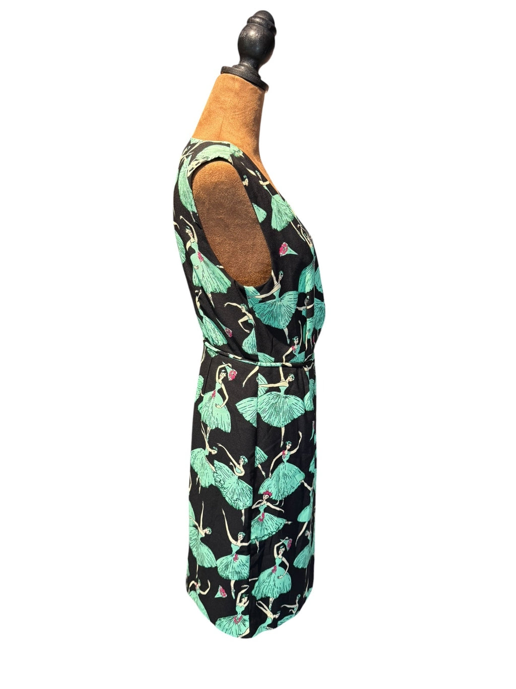 I. Madeline Sleeveless Black Dress with Green Ballerina Print, Size M