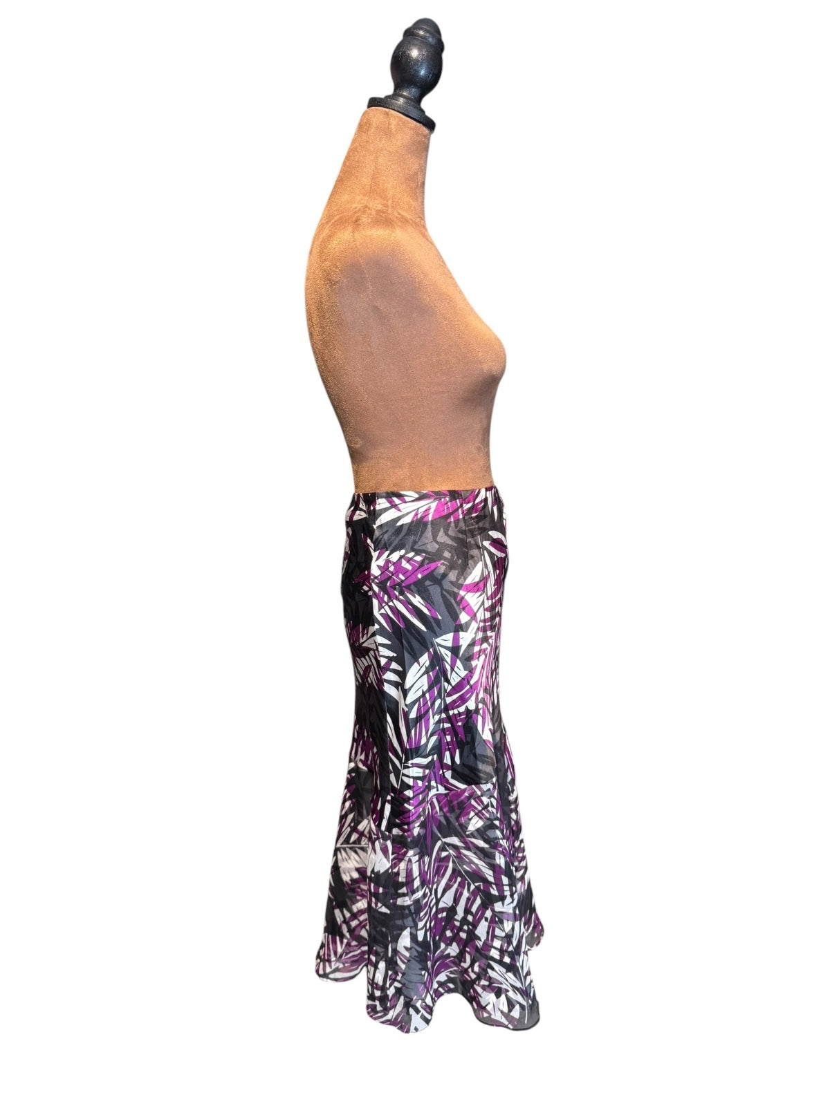 Alfani 100% Silk Purple and Black Leaf Print Midi Skirt Size 10