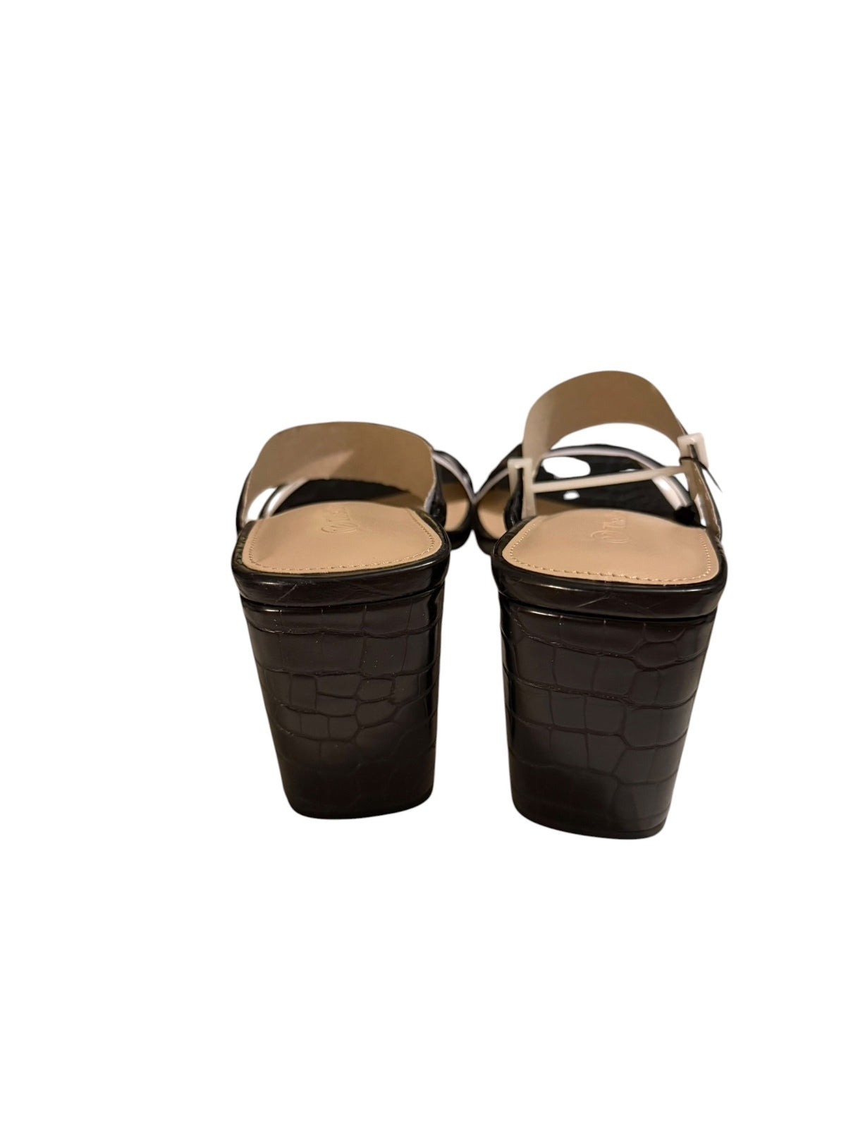 The Drop Black Croc-Embossed High Heel Sandals with White Straps