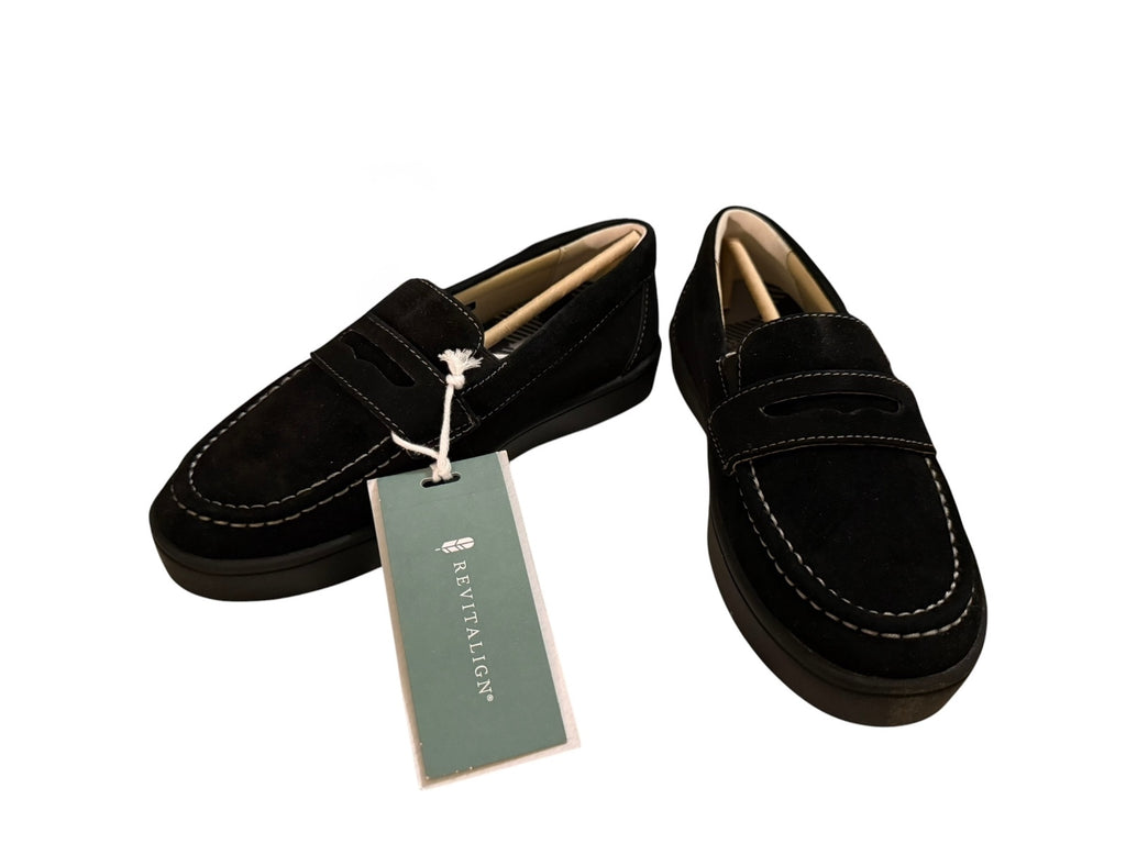 Revitalign Black Suede Loafers with White Stitching