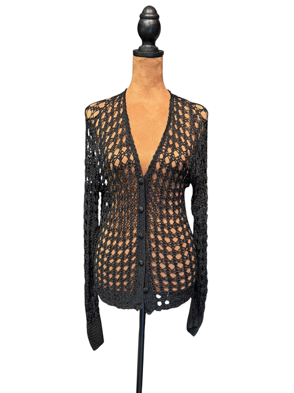 Erik Stewart Black Crochet Knit Button-Up Cardigan Sweater