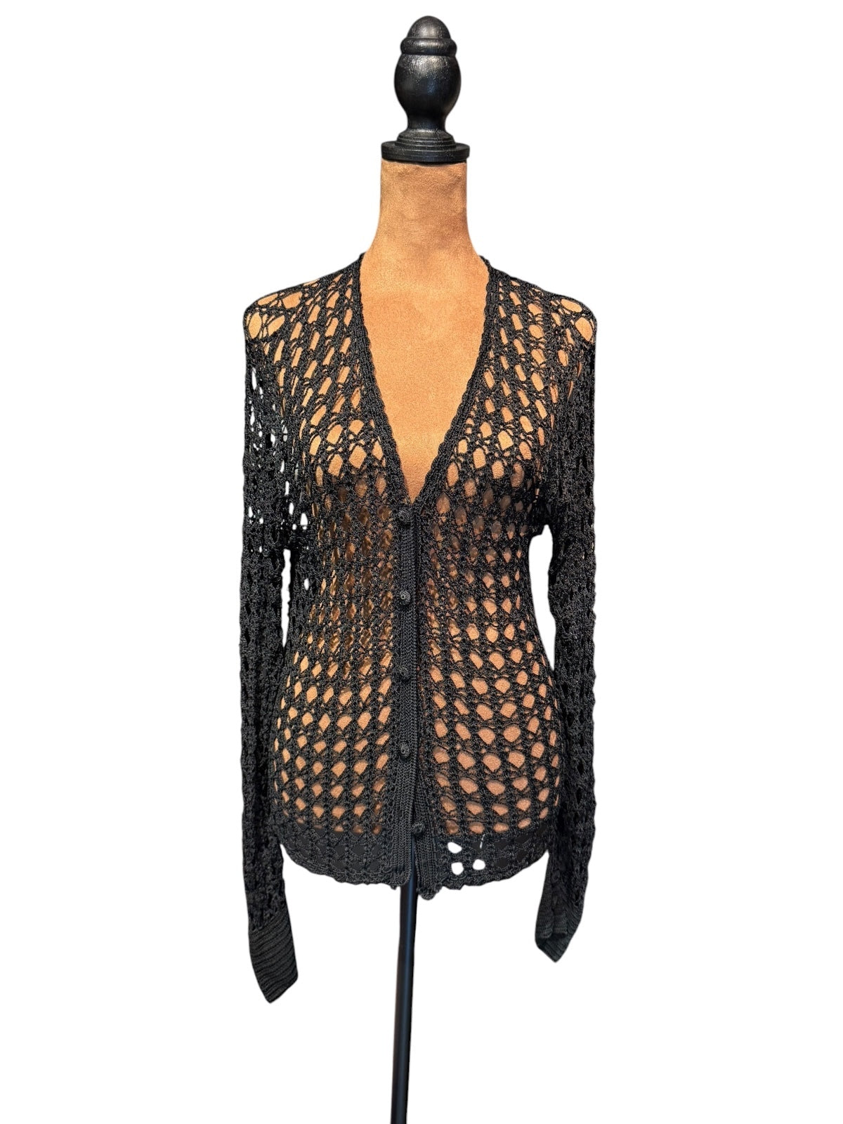 Erik Stewart Black Crochet Knit Button-Up Cardigan Sweater