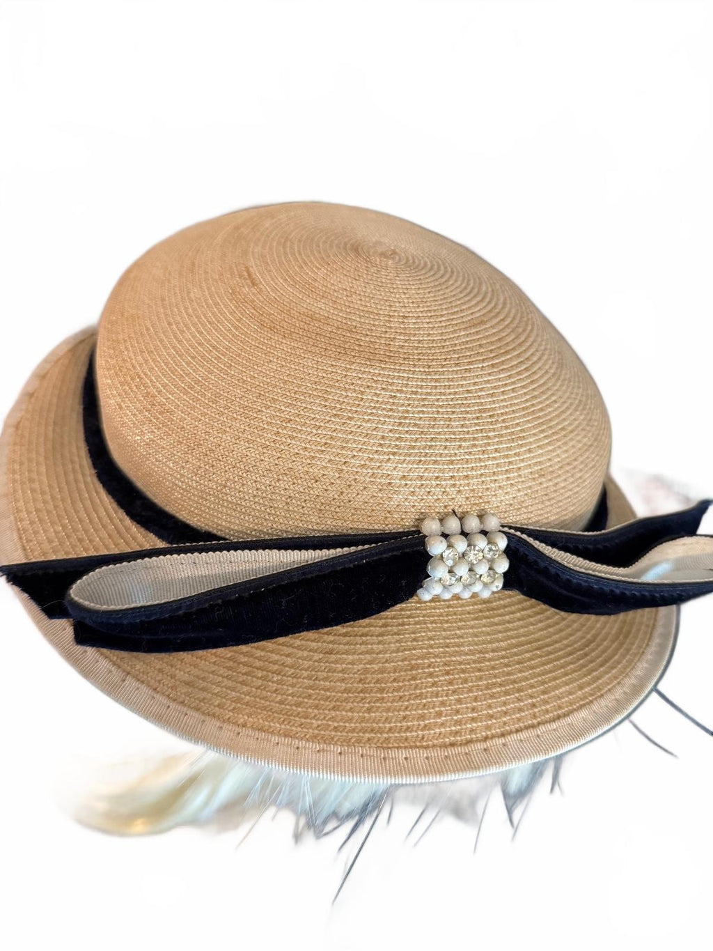 Vintage Style Beige Straw Hat with Black Velvet Bow and Pearl Accent