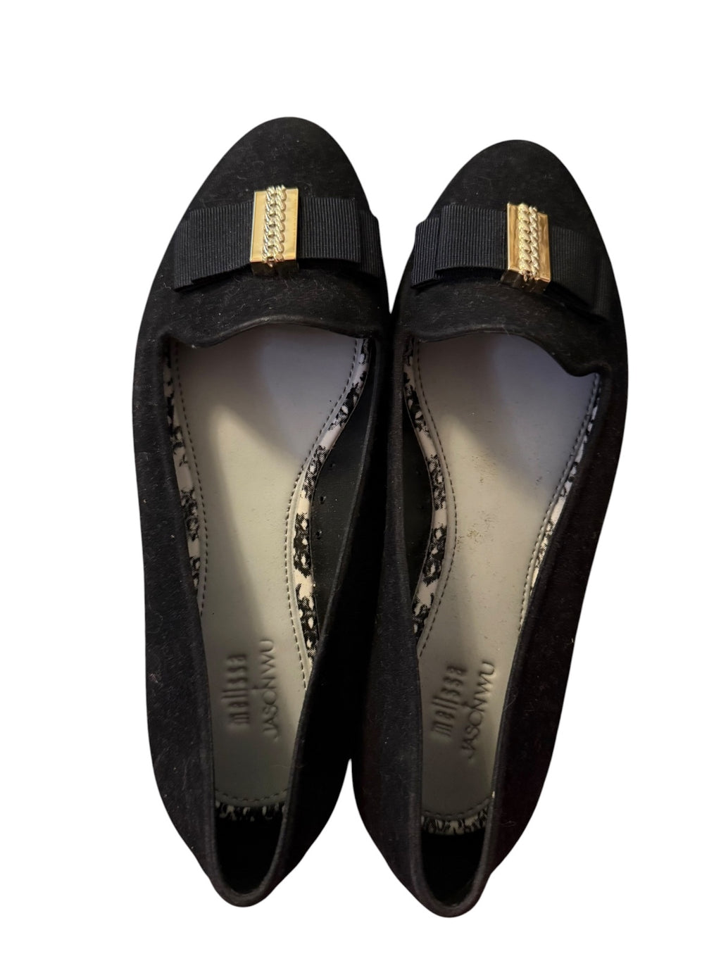 Melissa + Jason Wu Black Loafers with Gold Chain Bow Detail