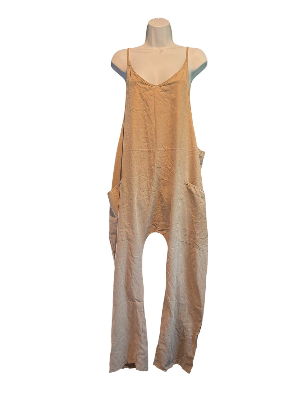 Beige Sleeveless Jumpsuit with Front Zipper Pocket