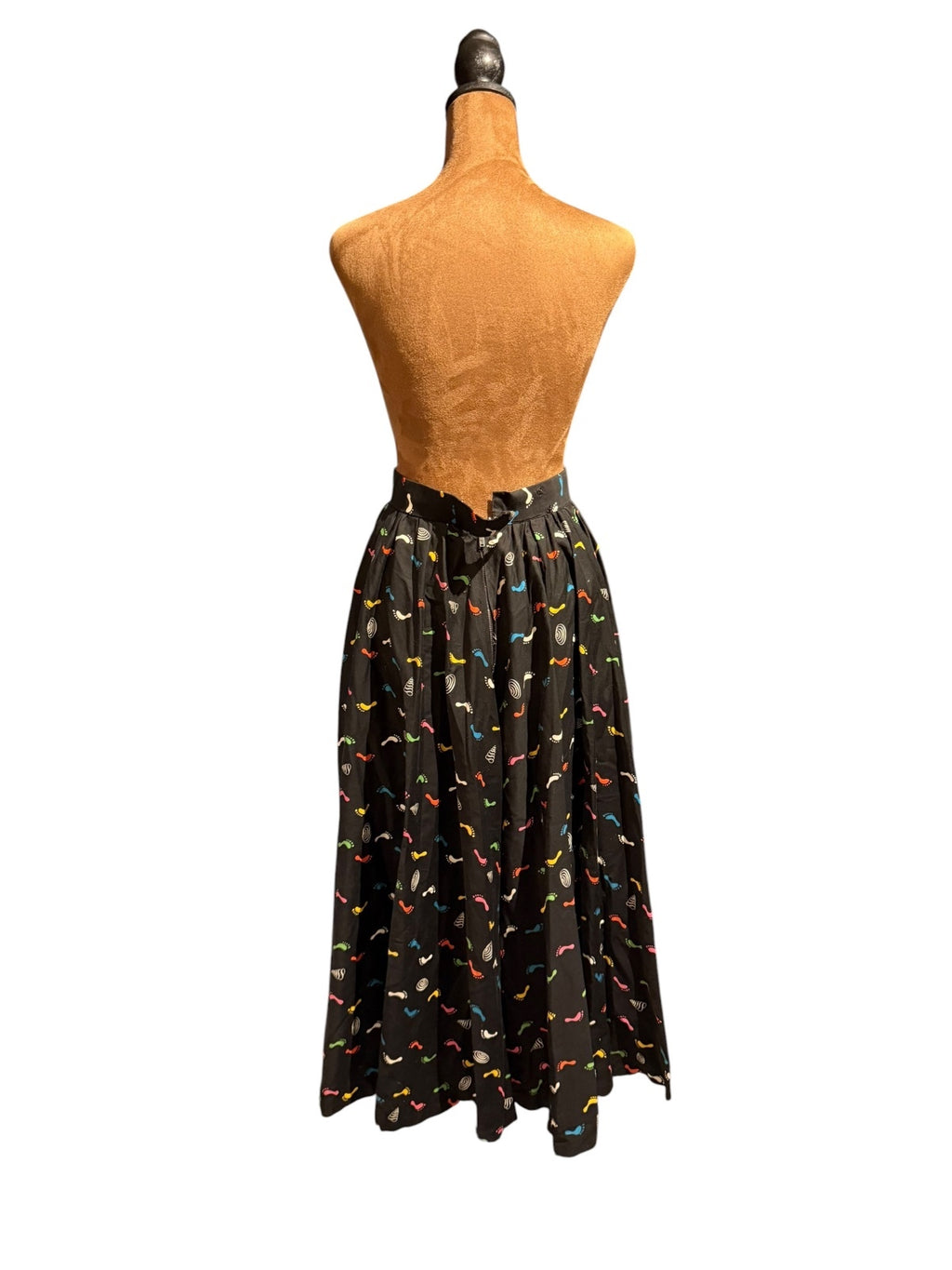 Handmade Black Midi Skirt with Colorful Footprint and Shell Print