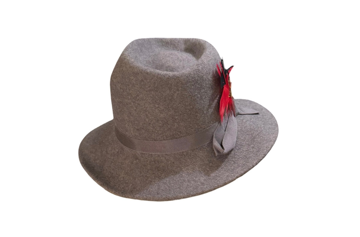 Vintage Glenover Gray Wool Felt Fedora Hat with Red Feather