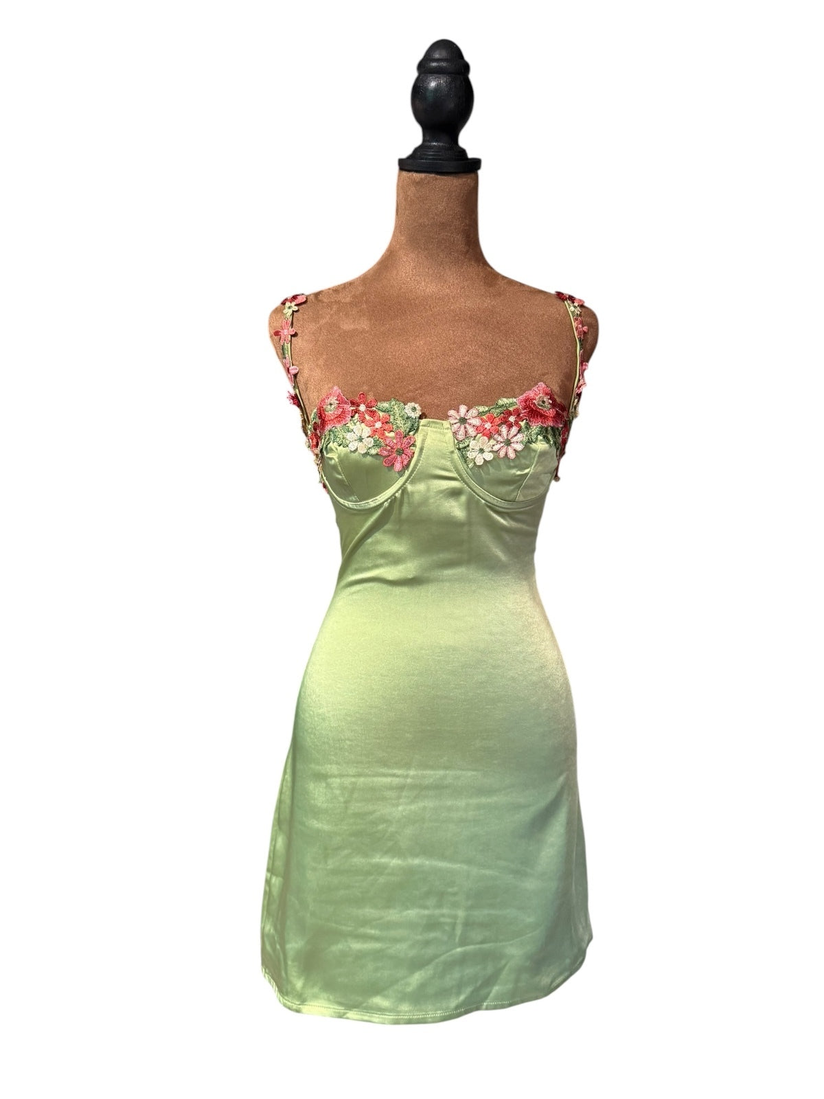 Princess Polly Light Green Satin Mini Dress with Floral Embroidery