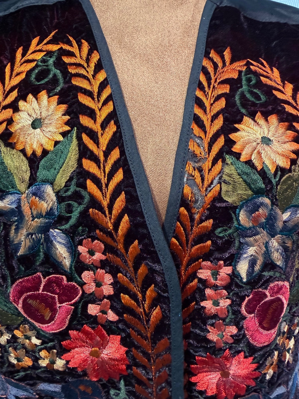 Vintage Embroidered Floral Velvet Vest with Satin Back