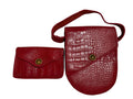 Vintage Red Crocodile Embossed Leather Crossbody Bag with Matching Wallet