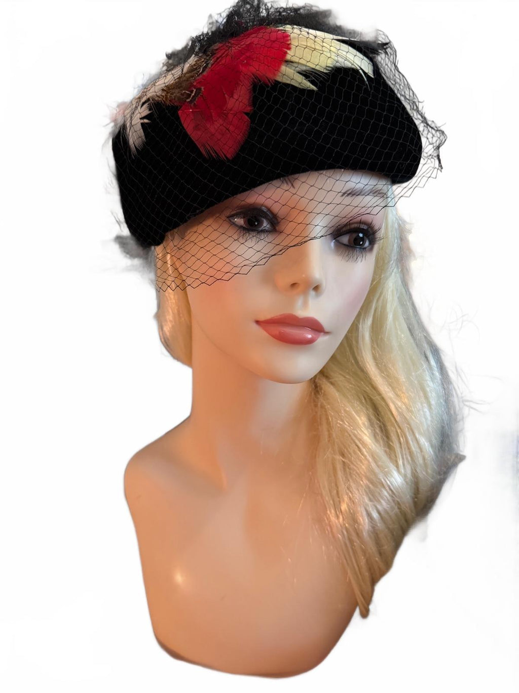 Vintage Black Pillbox Hat with Feather and Veil Detail