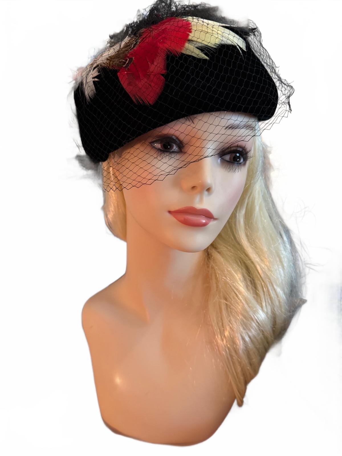 Vintage Black Pillbox Hat with Feather and Veil Detail