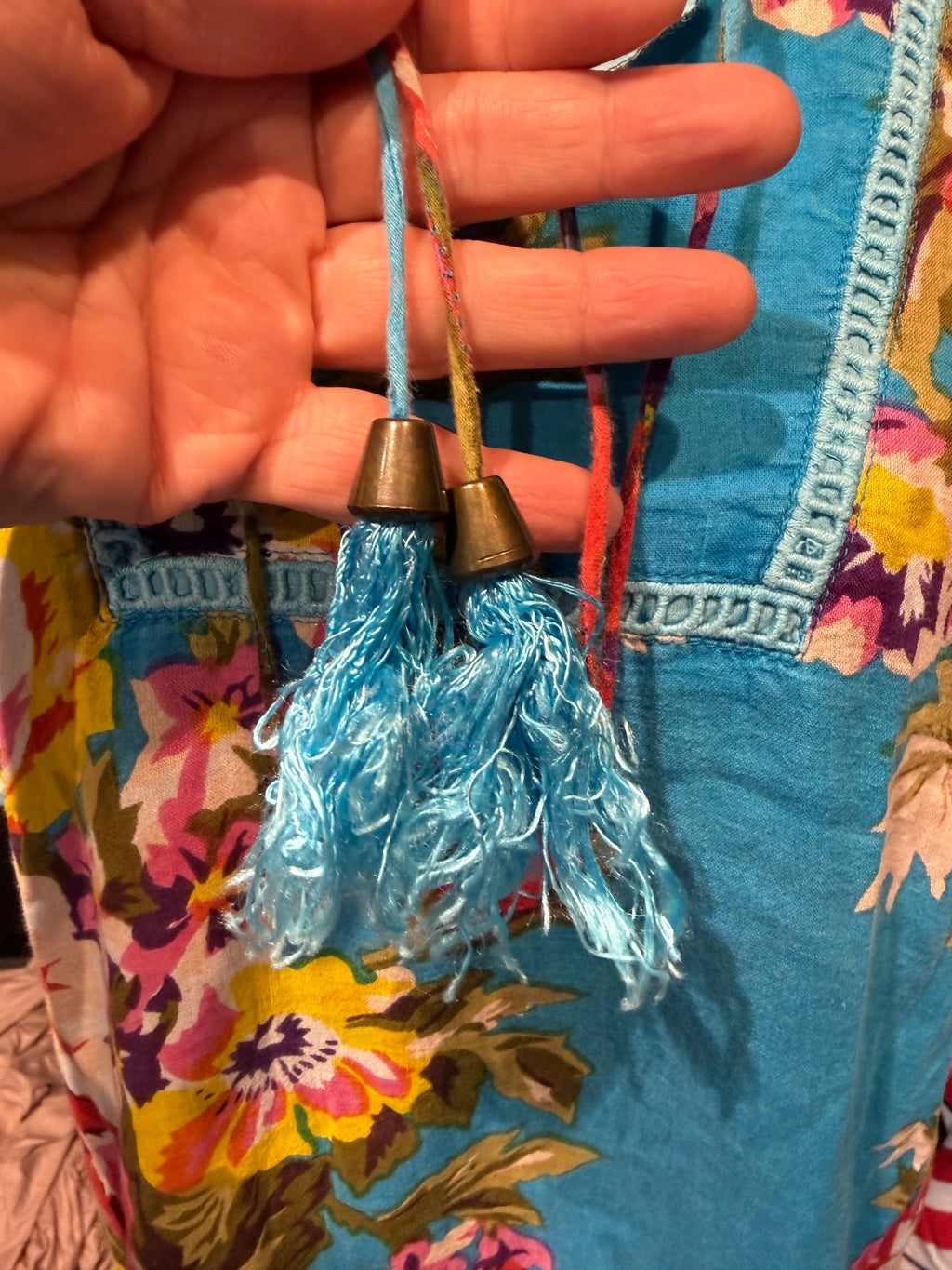 Johnny Was Blue Floral Cotton Tunic Top with Tassels
