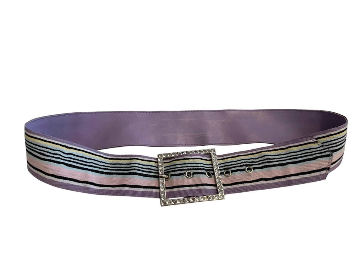 Vintage Wide Purple and Multicolor Striped Belt with Rhinestone Buckle