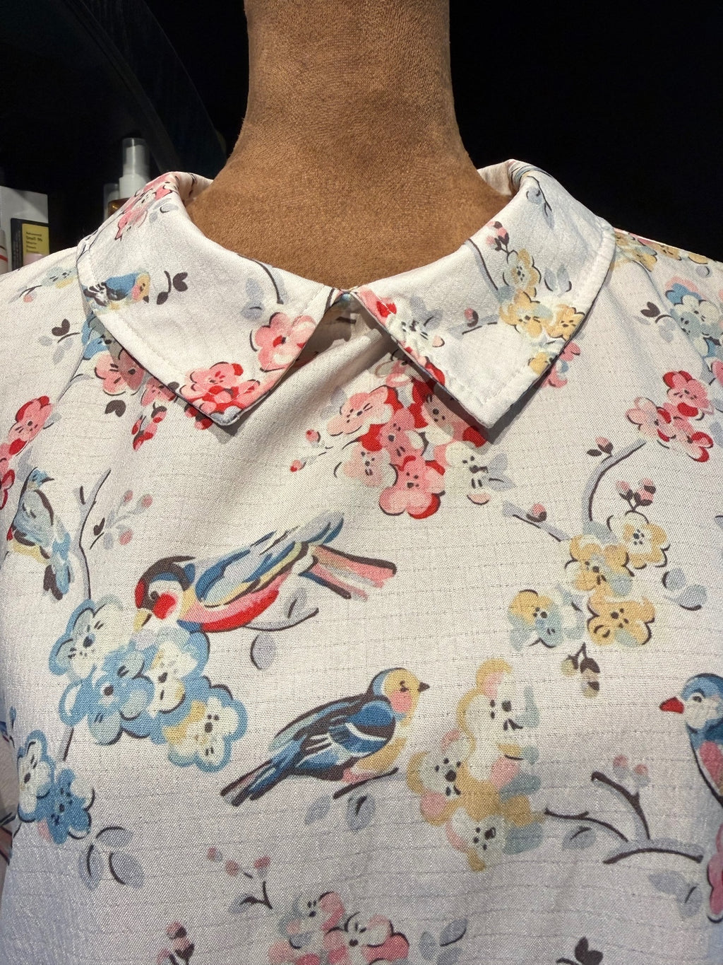 Vintage Bird & Floral Print Collared Blouse with Puff Sleeve