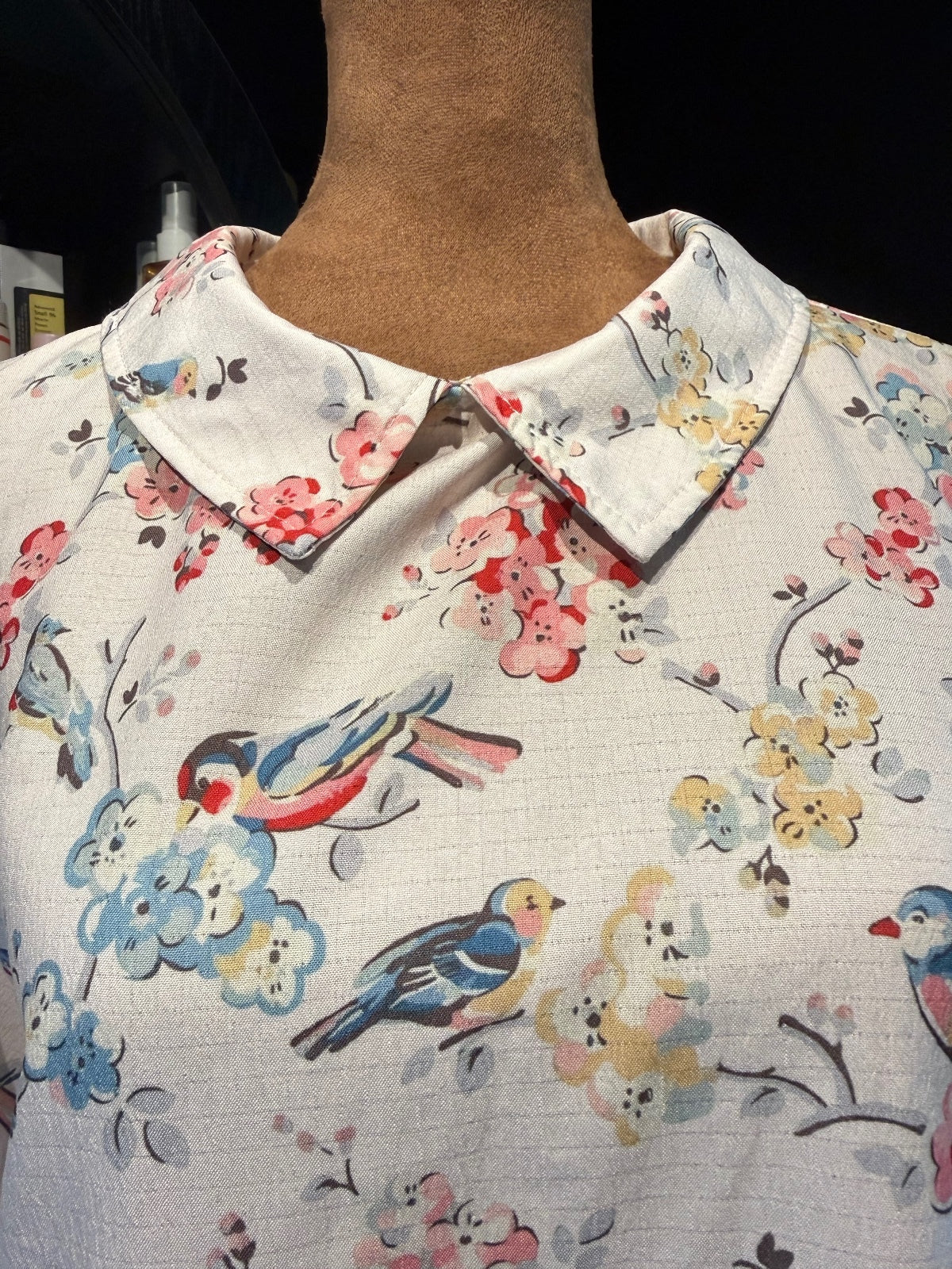 Vintage Bird & Floral Print Collared Blouse with Puff Sleeve