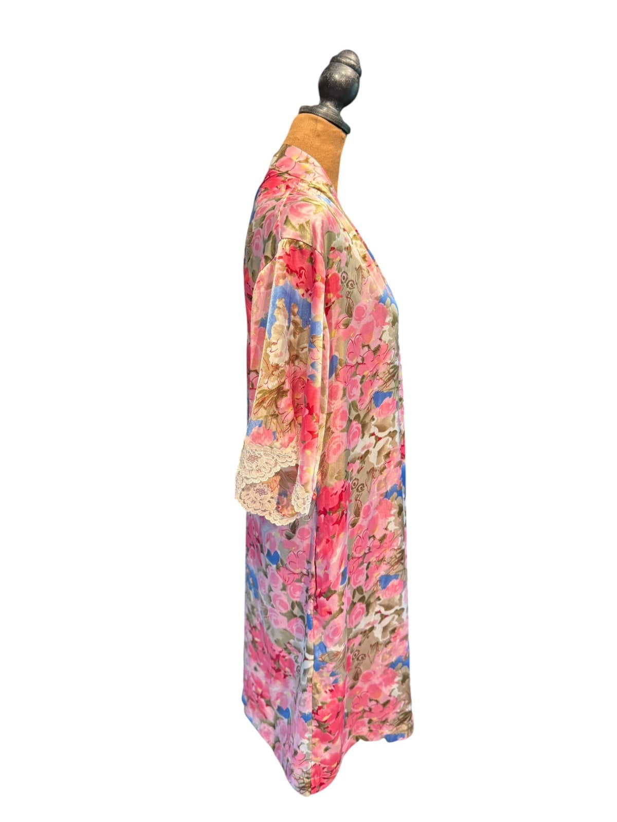 Vintage Floral Satin Kimono Robe with Lace Trim