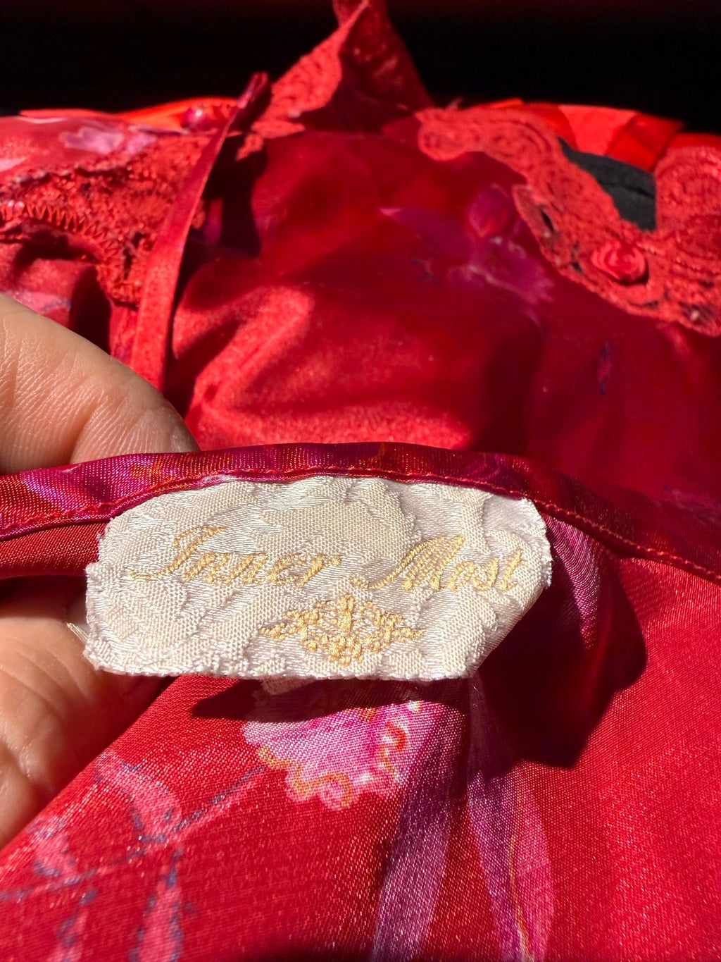 Vintage Inner Most Red Satin Floral Slip Dress with Lace Accent