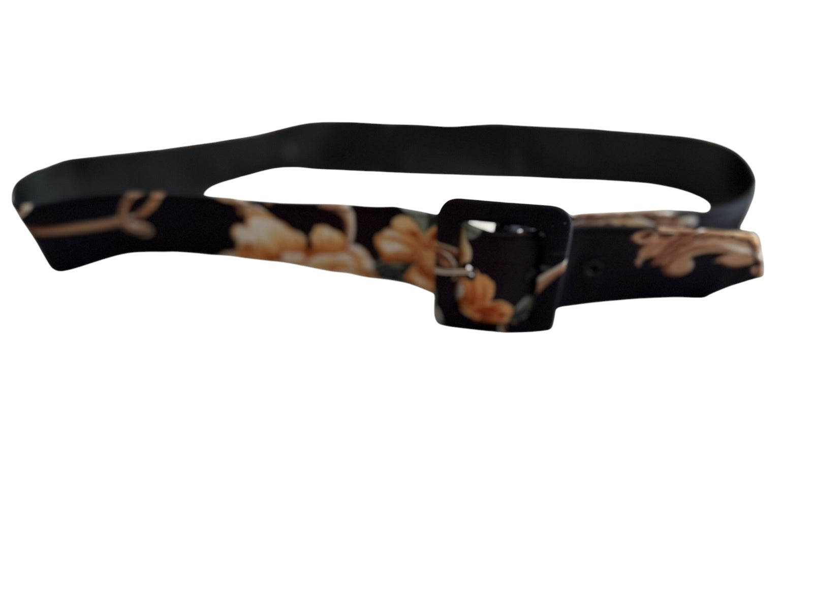Vintage Black Floral Fabric Belt with Square Buckle Size Large
