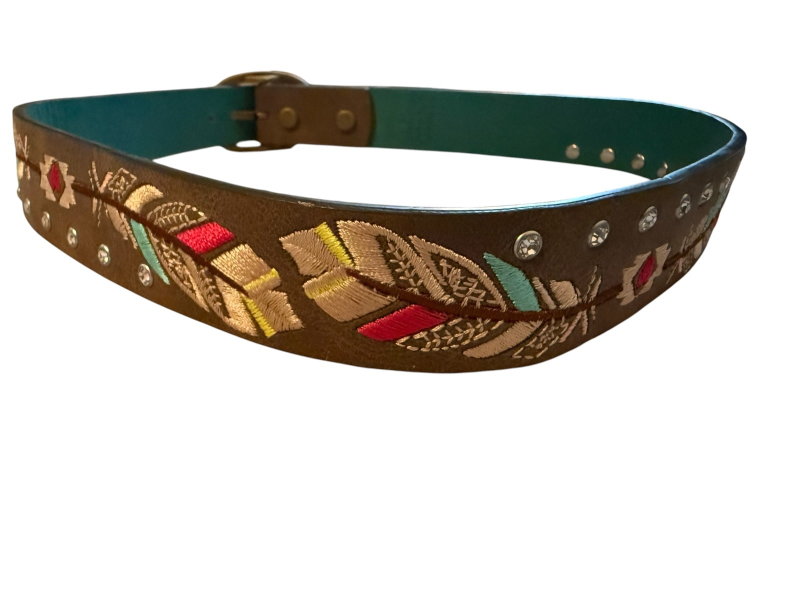 Catchfly Studio Embroidered Leather Belt with Studs and Feather Design