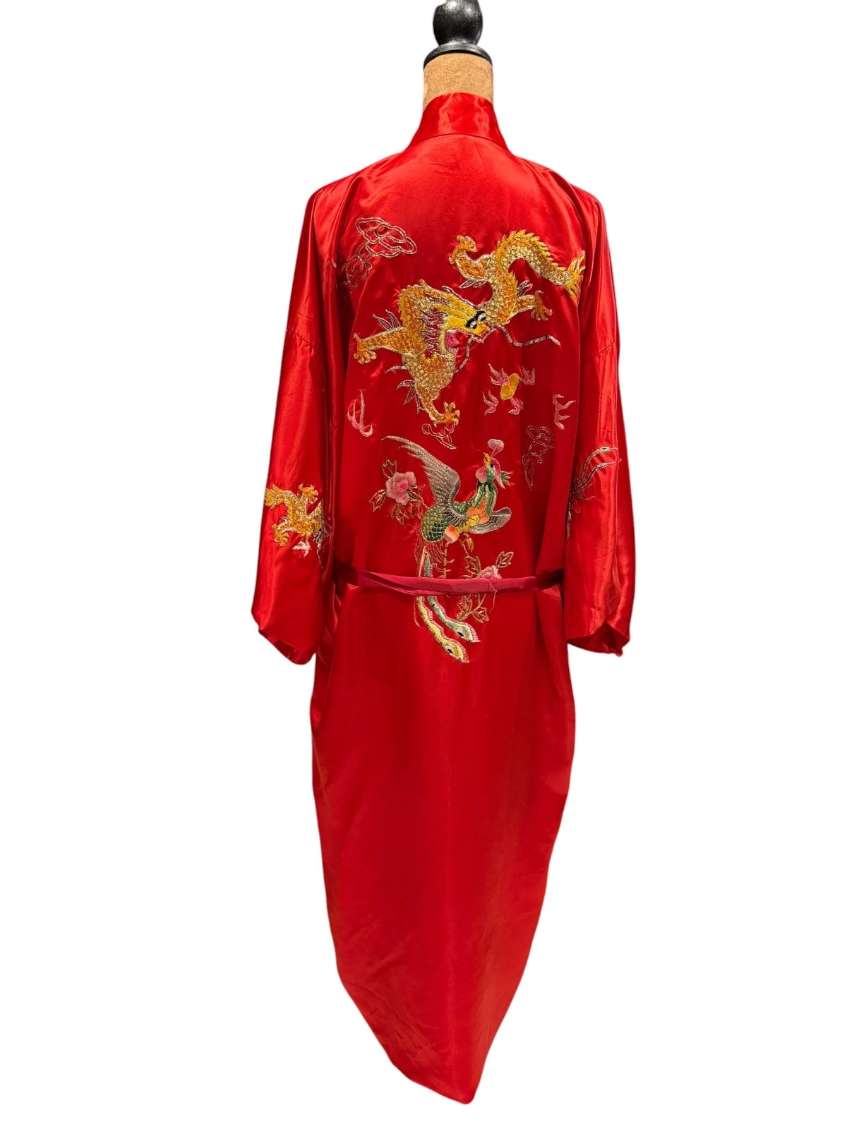 Vintage Phoenix Red 100% Silk Kimono with Embroidered Dragon