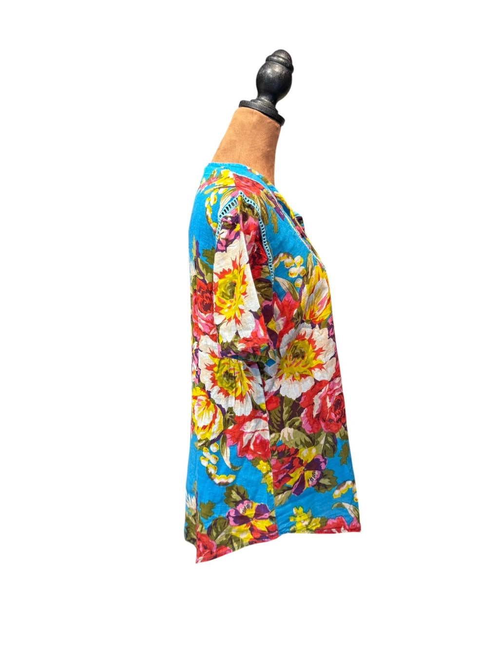 Johnny Was Blue Floral Cotton Tunic Top with Tassels