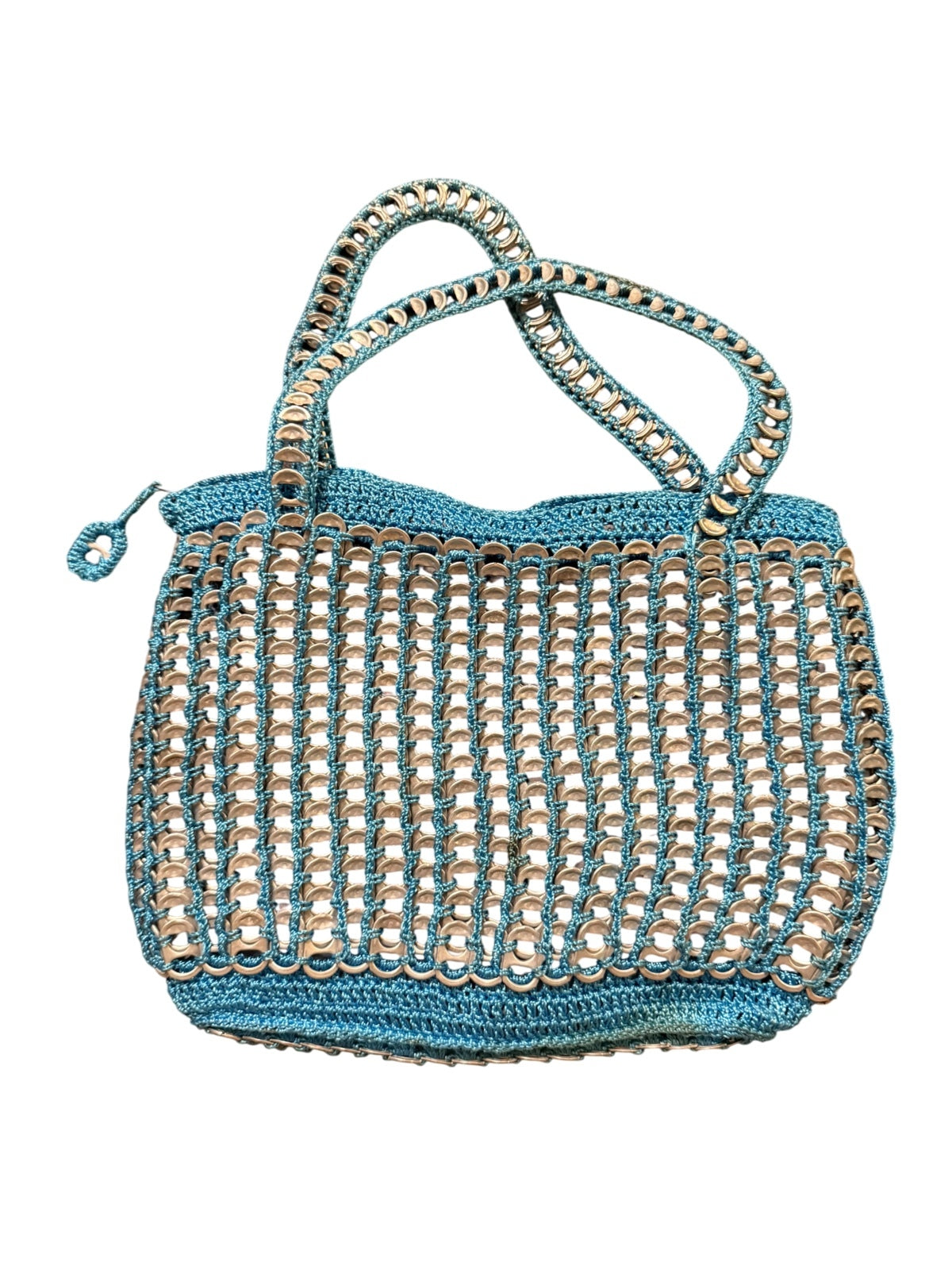 Unique Handmade Blue Crochet Tote Bag with Can Tab Accents