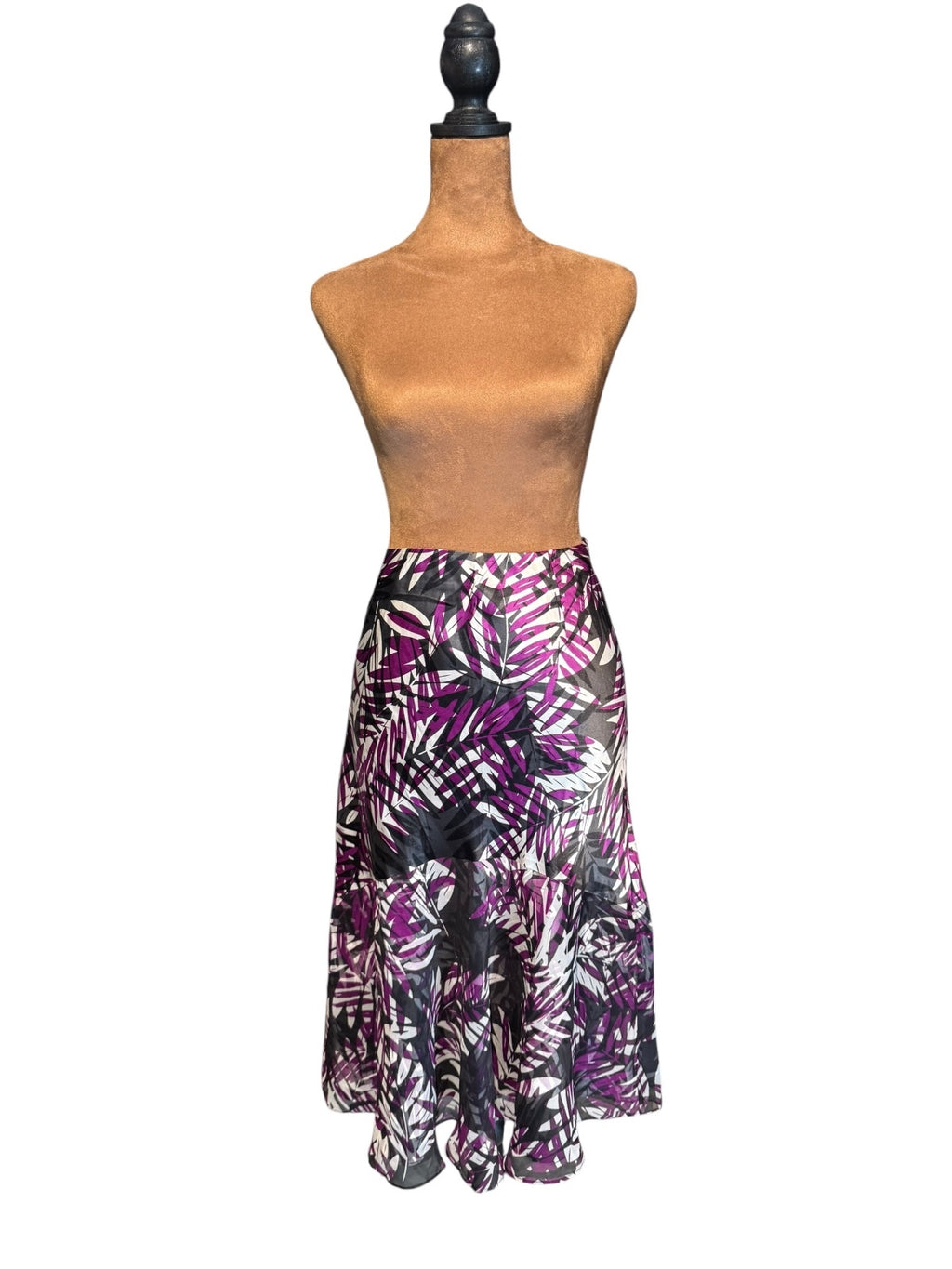 Alfani 100% Silk Purple and Black Leaf Print Midi Skirt Size 10