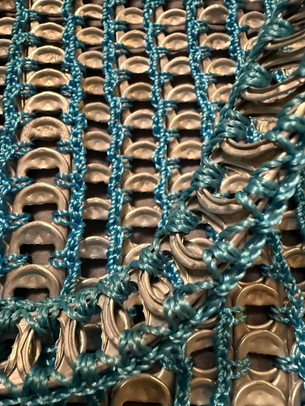 Unique Handmade Blue Crochet Tote Bag with Can Tab Accents