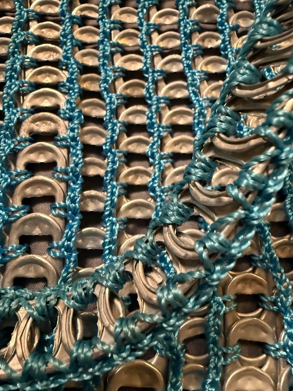 Unique Handmade Blue Crochet Tote Bag with Can Tab Accents