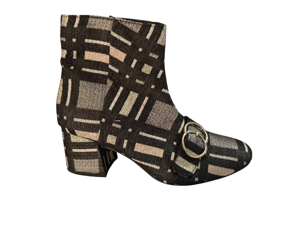 Bleeker and Bond Lacey Black and Silver Plaid Ankle Boots with Buckle Detail
