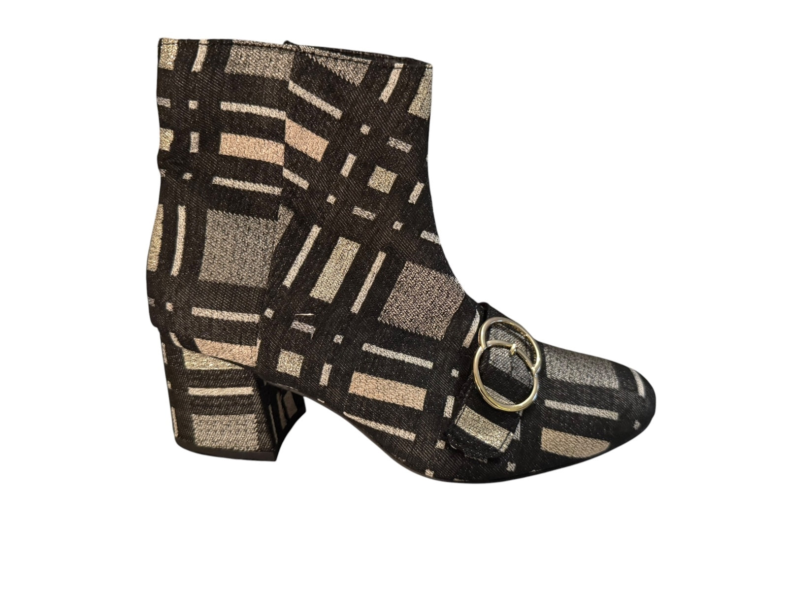 Bleeker and Bond Lacey Black and Silver Plaid Ankle Boots with Buckle Detail