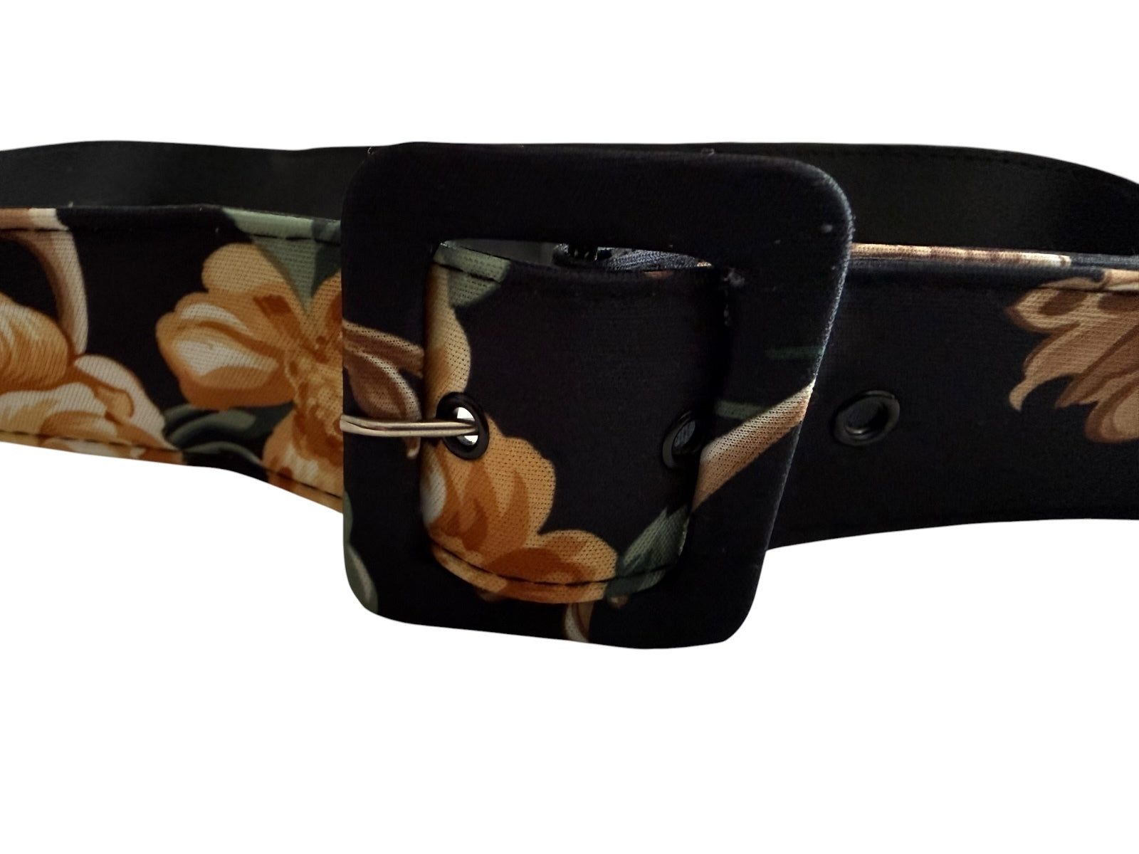Vintage Black Floral Fabric Belt with Square Buckle Size Large