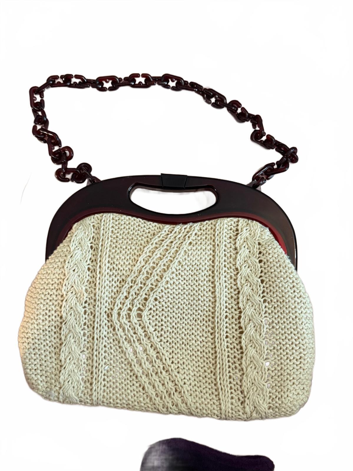 Vintage 70s Cream Knit Handbag with Brown Acrylic Chain Handle