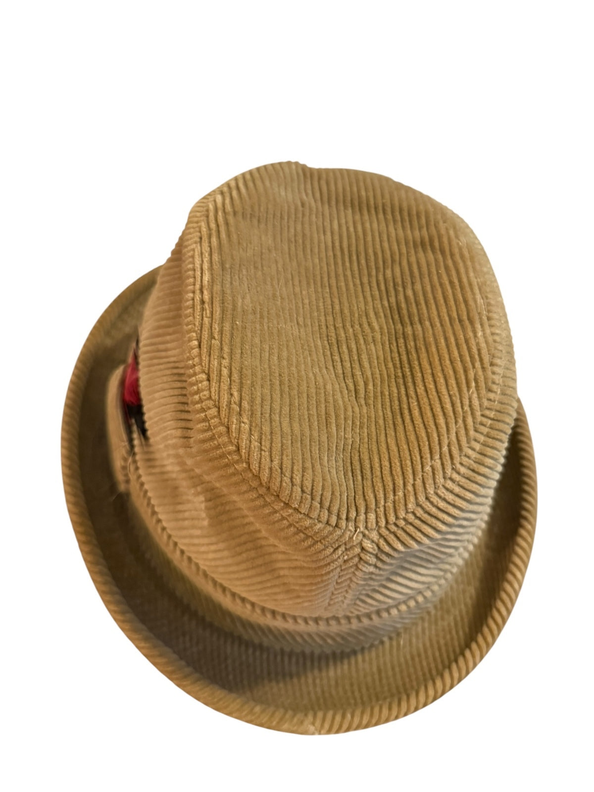 Vintage Eddie Bauer Tan Corduroy Fedora Hat with Feather Accent