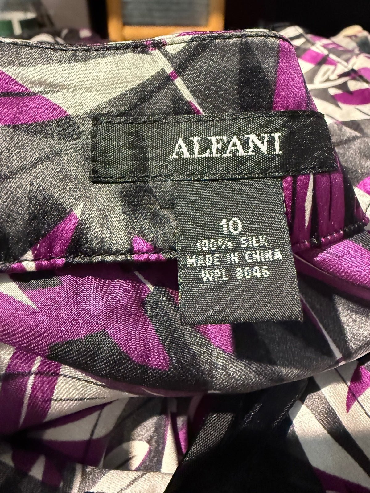 Alfani 100% Silk Purple and Black Leaf Print Midi Skirt Size 10