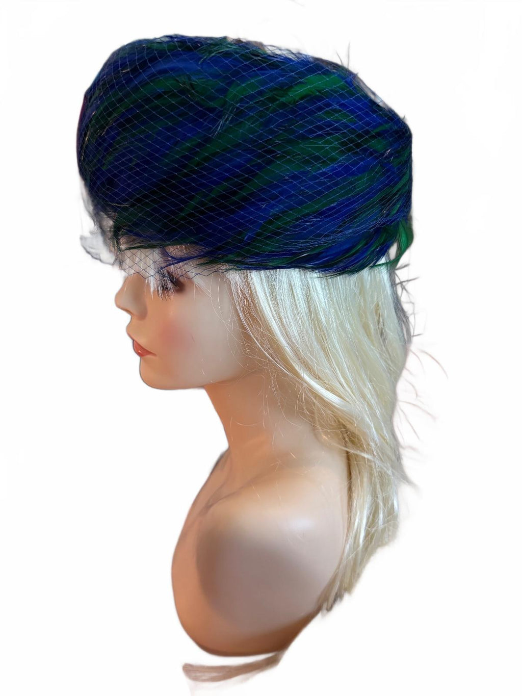 Vintage Valerie Modes Blue and Green Feathered Hat with Veil