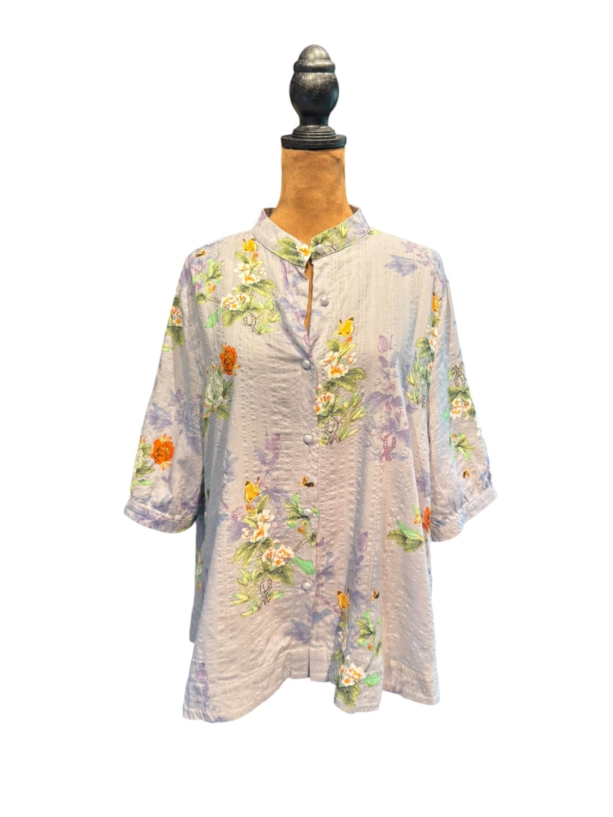 Vintage Floral Embroidered Blouse with Mandarin Collar