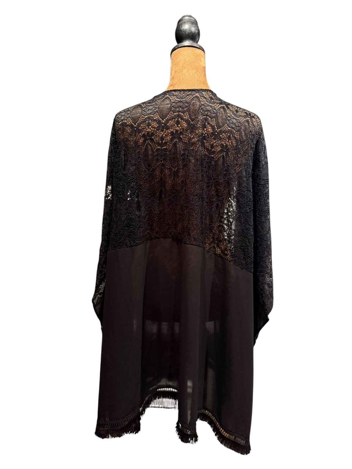 Elegant Black Lace and Sheer Kimono with Fringe Hem