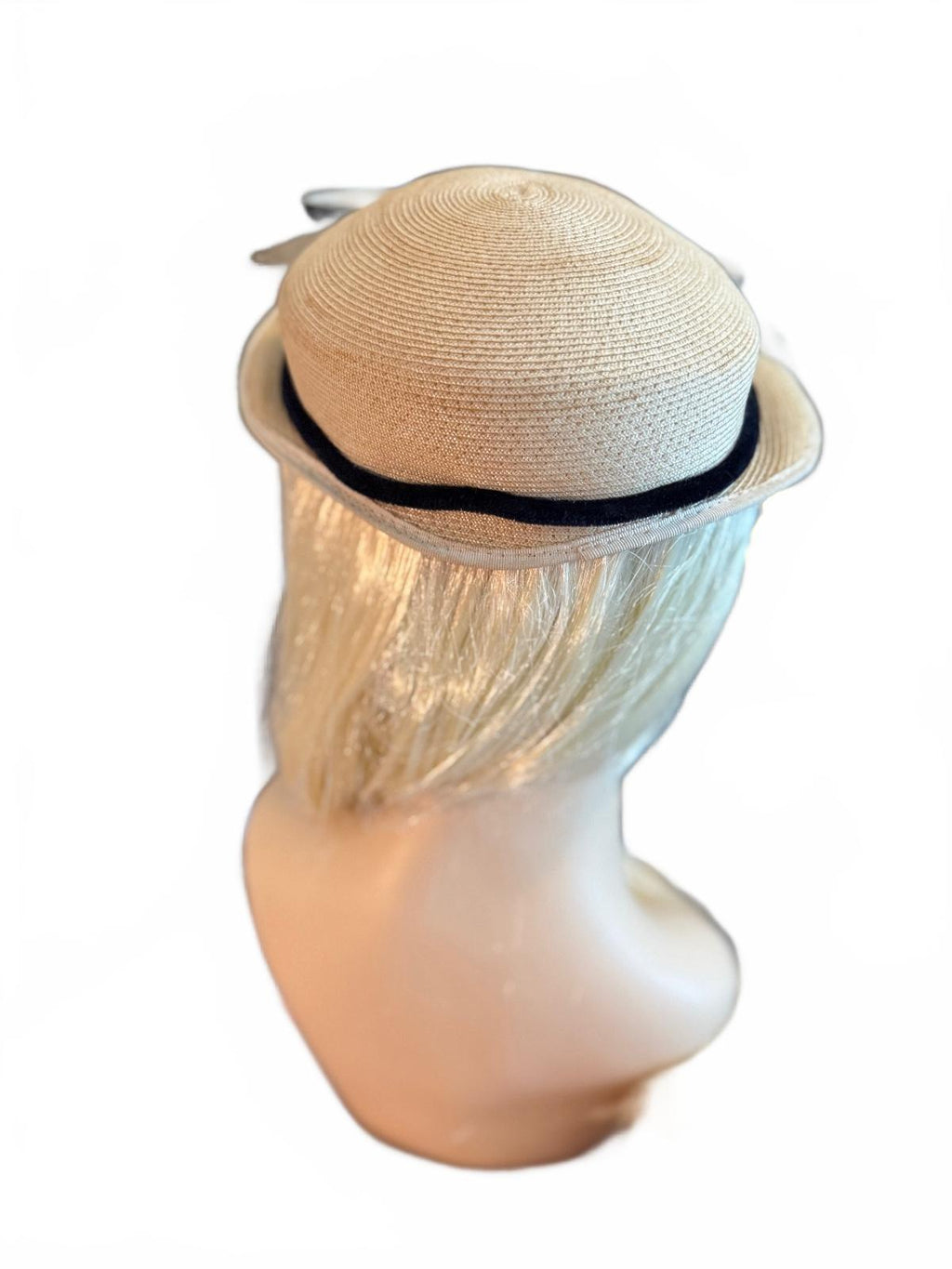 Vintage Style Beige Straw Hat with Black Velvet Bow and Pearl Accent
