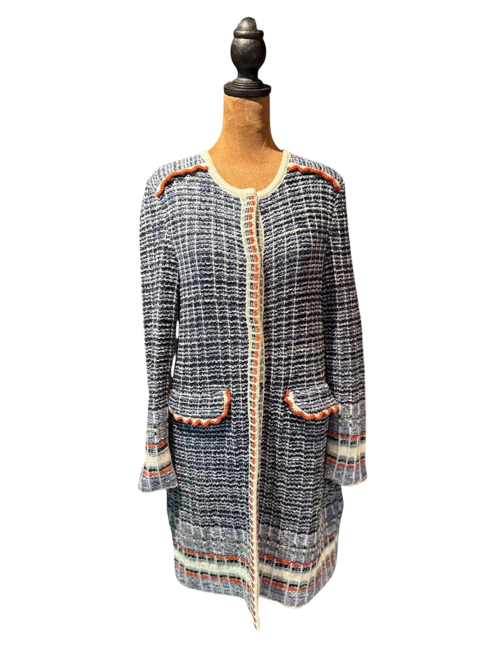 Claudius Navy Blue and White Tweed Long Cardigan with Orange Accents