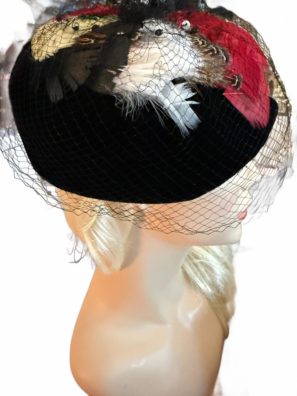 Vintage Black Pillbox Hat with Feather and Veil Detail